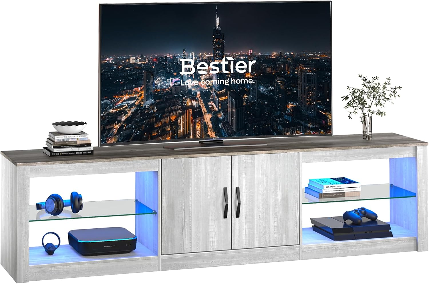 Bestier 70 Inch Led TV Stand for 75 Inch TV Large Entertainment Center Gaming with Adjustable Glass Shelves Two Cabinets Modern TV Console for Living Room 22 RGB Modes, Wash White