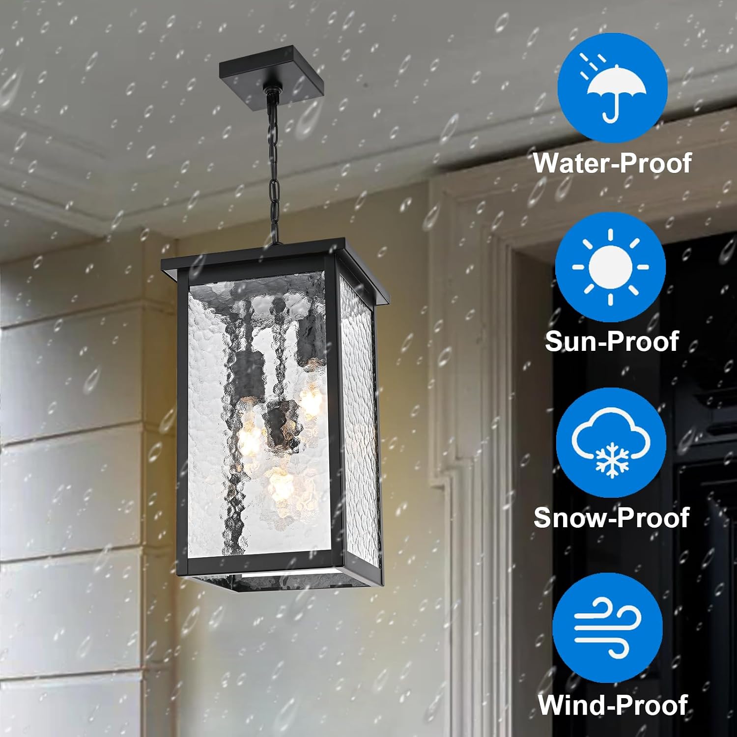 17'' Large Outdoor Pendant Lights for Porch, 3-Lights Matte Black Exterior Hanging Lantern with Hammer Glass, Outdoor Chandelier Ceiling Light Fixture for Patio, Gazebo, Entryway