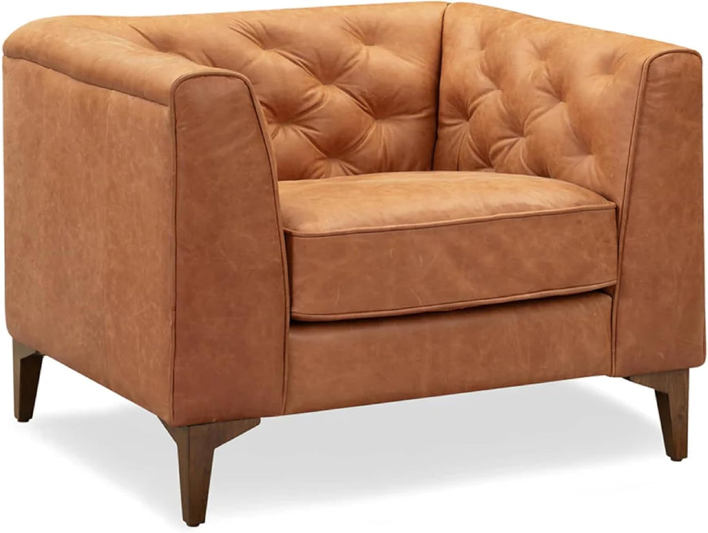 POLY & BARK Essex 40' Lounge Chair – Full-Grain Pure-Aniline Italian Leather, Tufted Back & Arms, Feather-Down Cushioning, Walnut Wood Legs - Cognac Tan