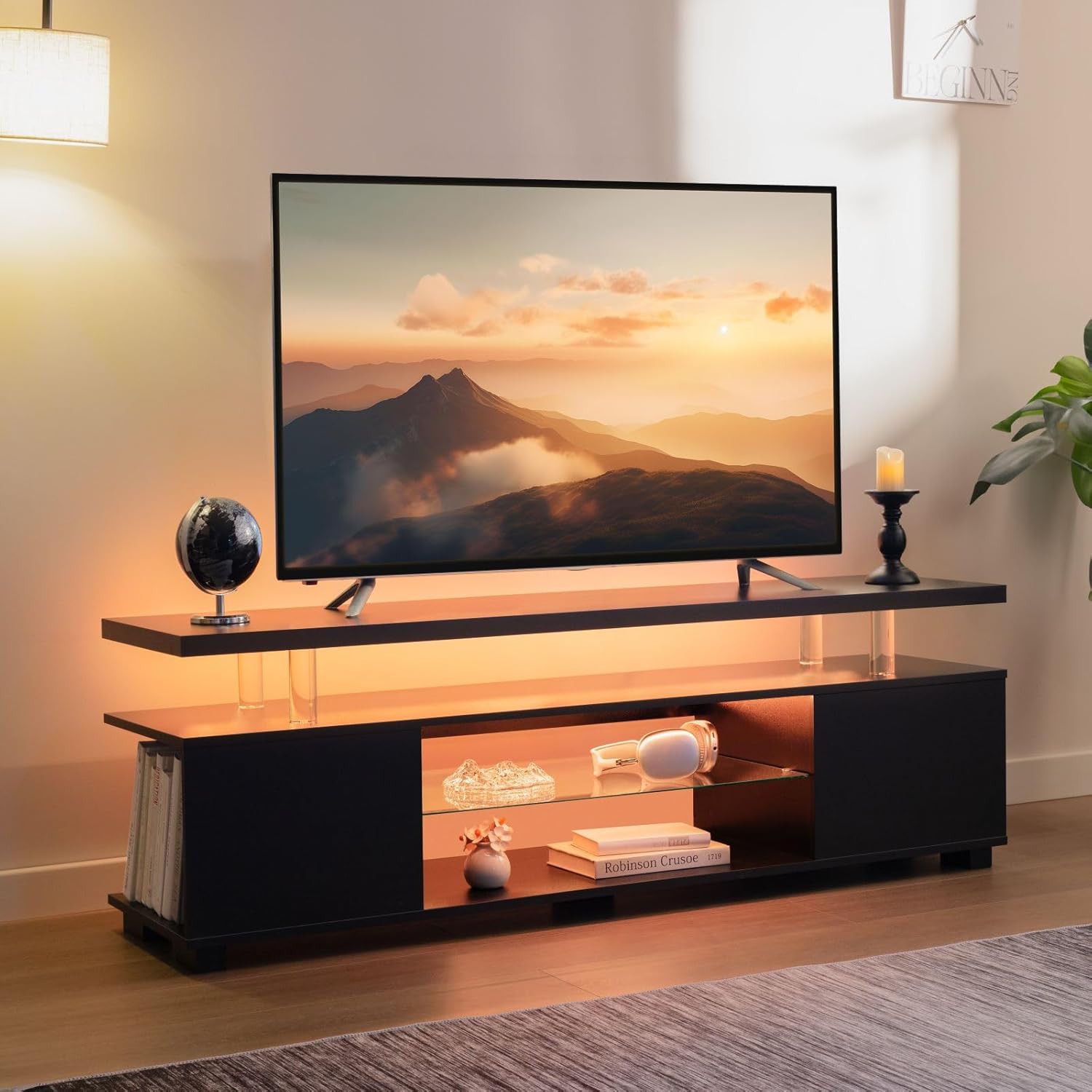 Cubehom Black TV Stand 65 inch,LED TV Stand for Living Room,Glass Entertainment Center TV Stand, TV Console Tables for Living Room,Bedroom,Home Office