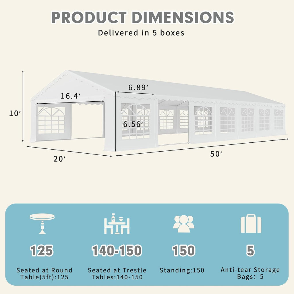 EROMMY 20x50FT Heavy Duty Party Tent, White Outdoor Event Canopy with Removable Sidewalls, Roll-up Doors & Storage Bags, Large Gazebo Shelter for Wedding, Commercial, and Backyard Use