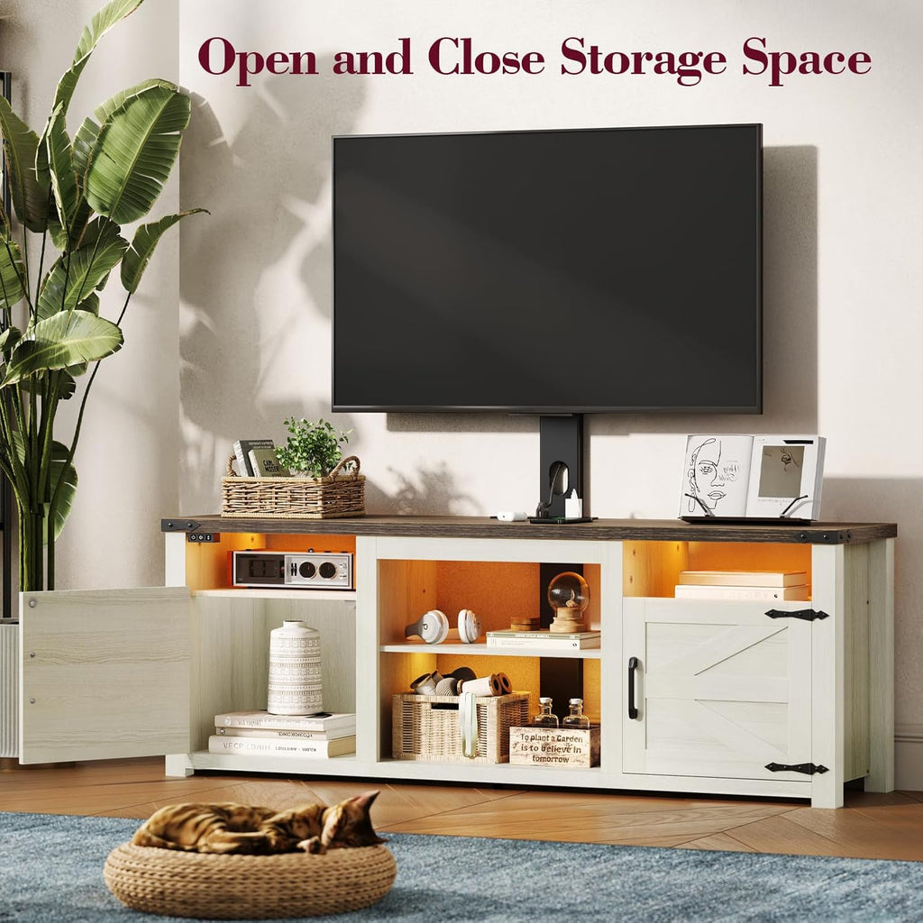 ROCHECASA Farmhouse TV Stand with Mount and Charging Station LED Lights 55', Entertainment Center with Height Adjustable Swivel Mount and Barn Doors Storage Cabinets for TVs Up to 70 inch