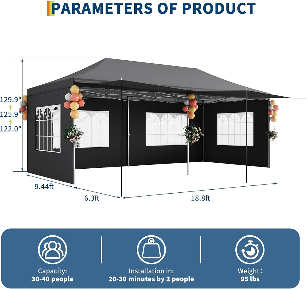 Garvee Commercial-Grade 10x20 ft Pop-Up Canopy Tent - 420D Oxford Fabric with PE Windows and 5 Removable Sidewalls, Ideal Heavy Duty Outdoor Shelter for Events, Weddings, and Backyard Gatherings