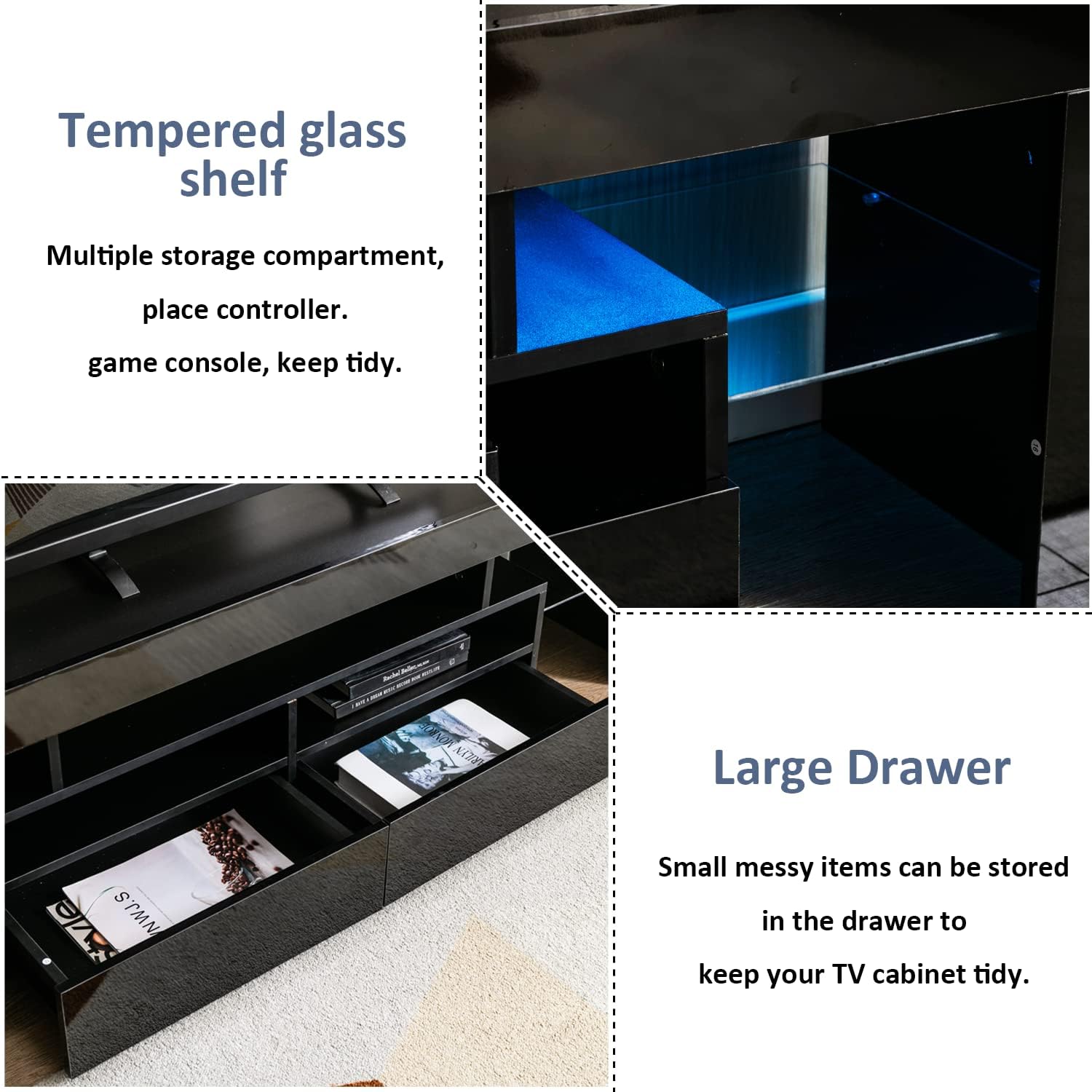 Squireewo TV Stand with 16 Color LED Lights, Media Console with Drawer and Glass Open Shelf for 60/65/70 inch TV, Modern Gloss Entertainment Center for Living Room, Black
