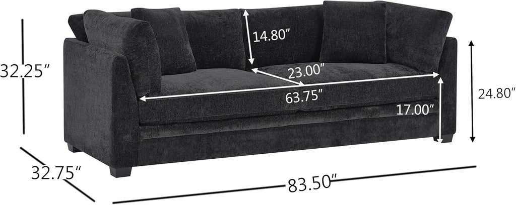 Christopher Knight Home Masie Chenille Upholstered 3 Seater Sofa Couch, Wooden Home Sofa Living Room, Comfy Cloud Couch for Bedroom, Home Office, Black