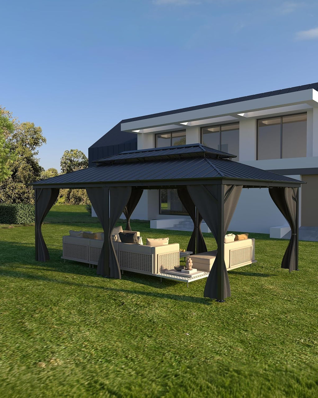 GAOMON Hardtop Gazebo 12'x20' for All Weather, with Double Metal Roof, Aluminum Alloy Frame, Net, and Curtain, Permanent Building of Backyard Luxury for Patio, Deck, Backyard, Lawn, and Garden, Gray