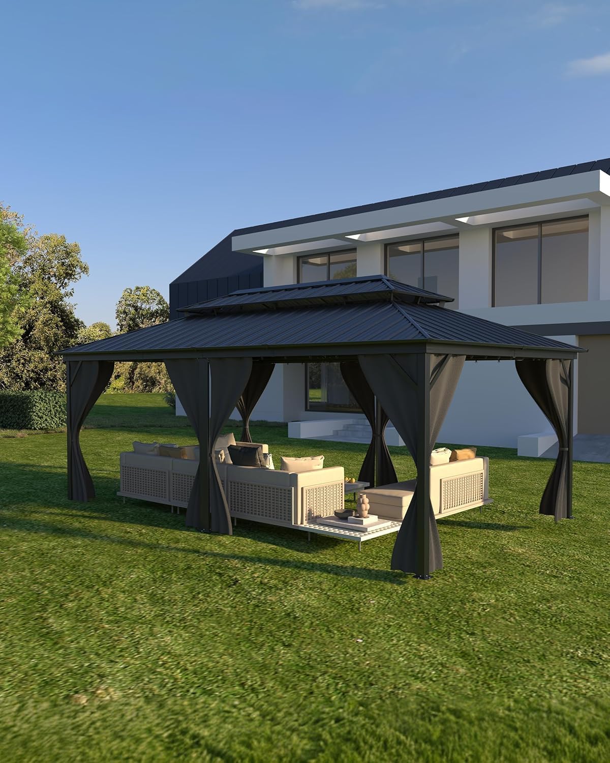 GAOMON Hardtop Gazebo 12'x20' for All Weather, with Double Metal Roof, Aluminum Alloy Frame, Net, and Curtain, Permanent Building of Backyard Luxury for Patio, Deck, Backyard, Lawn, and Garden, Gray