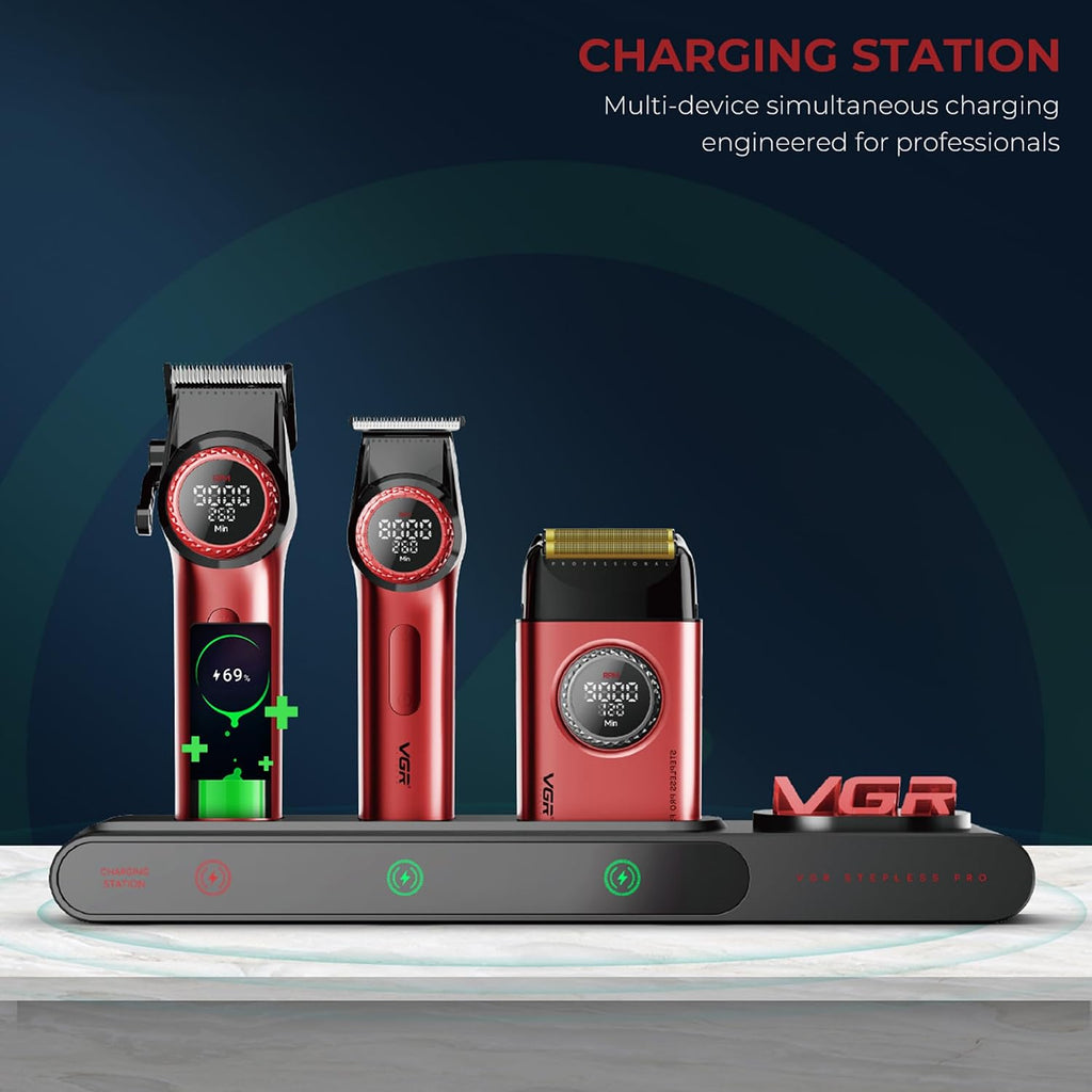 VGR 3 in 1 Professional Barber Clippers Set of Hair Clipper Trimmer Foil Shaver, Cordless Haircut Kit with Upgraded Powerful Motor, Integrated Charging Station, LED Display, Storage Box, Red