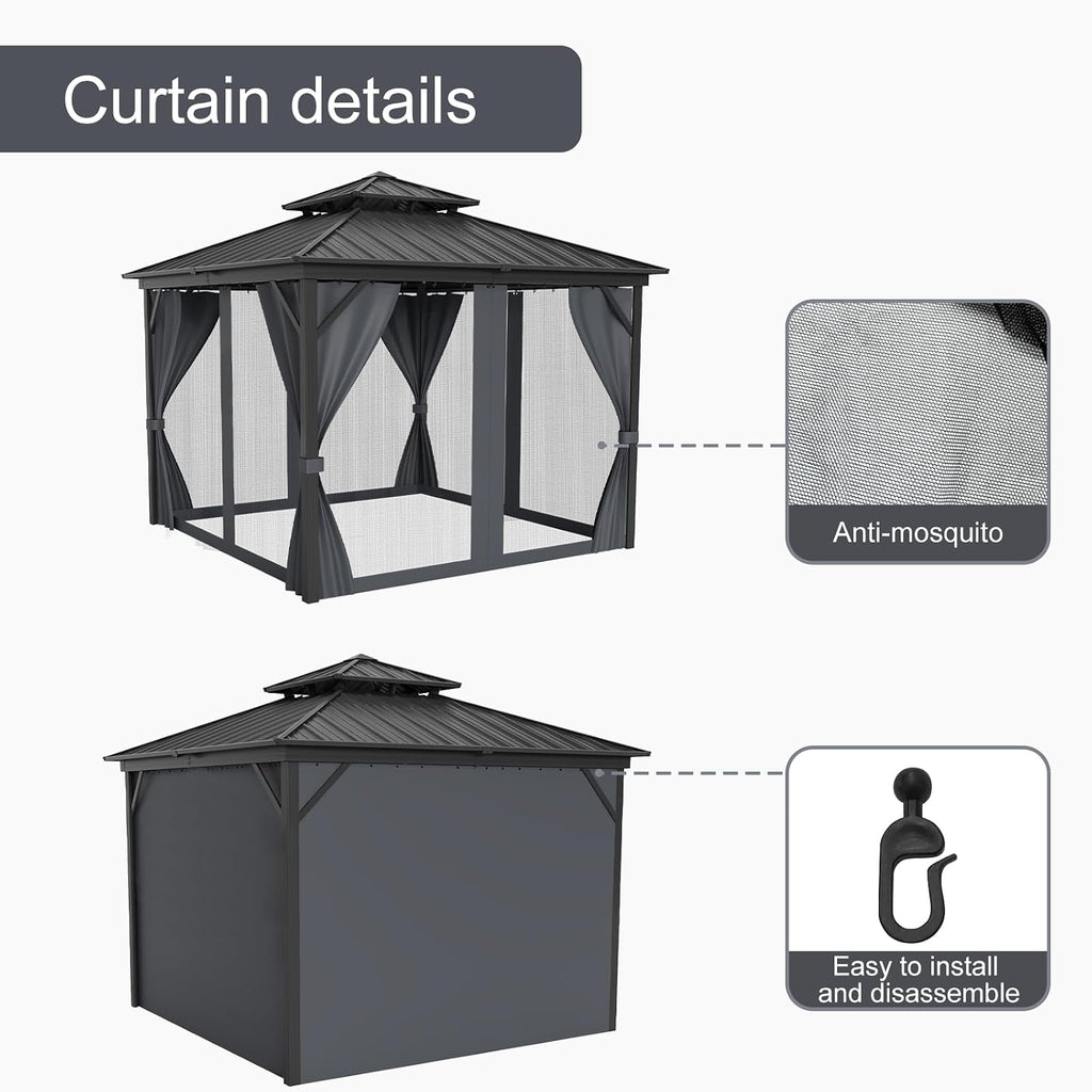GarveeLife 12x12 ft Hardtop Gazebo, Galvanized Steel Metal Double Roof Aluminum Gazebo with Curtain and Netting, Brown Permanent Pavilion Double Roof Canopy for Patio, Lawn & Garden (12 * 12 ft)