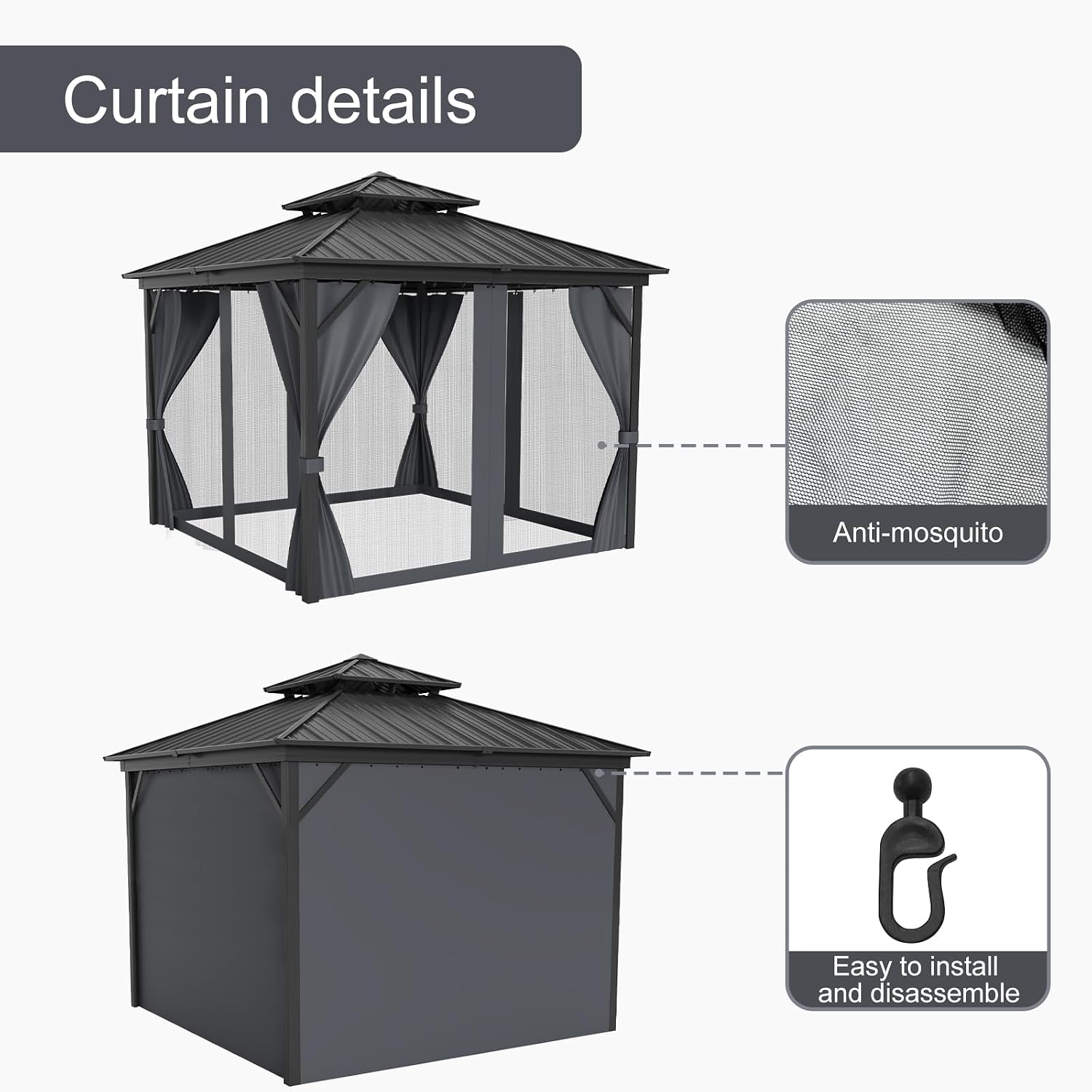 GarveeLife 12x12 ft Hardtop Gazebo, Galvanized Steel Metal Double Roof Aluminum Gazebo with Curtain and Netting, Brown Permanent Pavilion Double Roof Canopy for Patio, Lawn & Garden (12 * 12 ft)