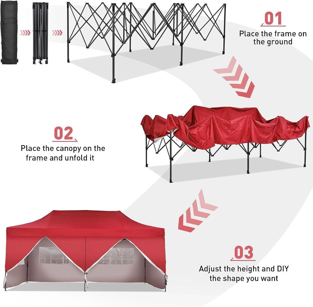 Outdoor Basic 10' x 20' Pop up Canopy Tent, Instant Heavy Duty Gazebo Tent with 6 Sidewalls/Wheeled Bag for Party Commercial Activity (Red, with 6 Sidewall)