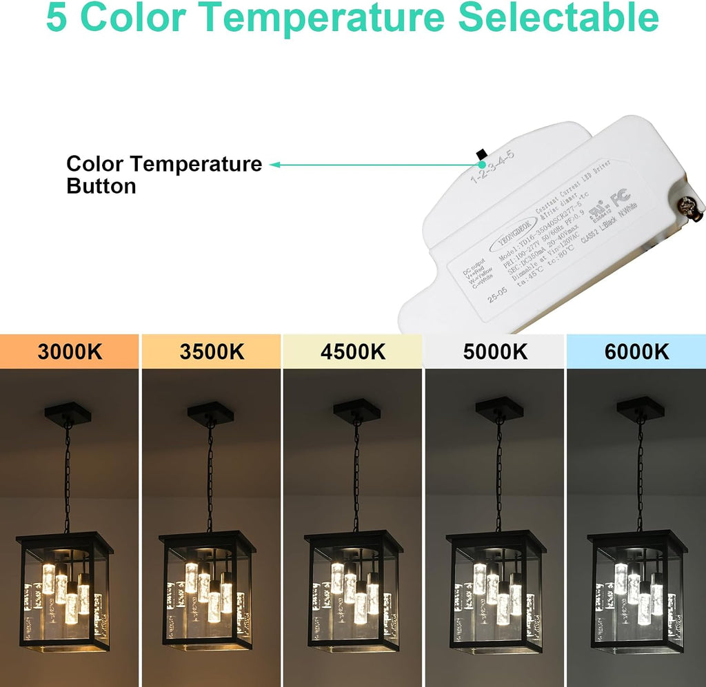 Yaohong 16.7' Large 5CCT LED Outdoor Pendant Light, 4-Lights Modern Black Hanging Ceiling Fixture with Acrylic Column & Clear Glass, Weatherproof Chandelier for Porch Gazebo Patio Entryway