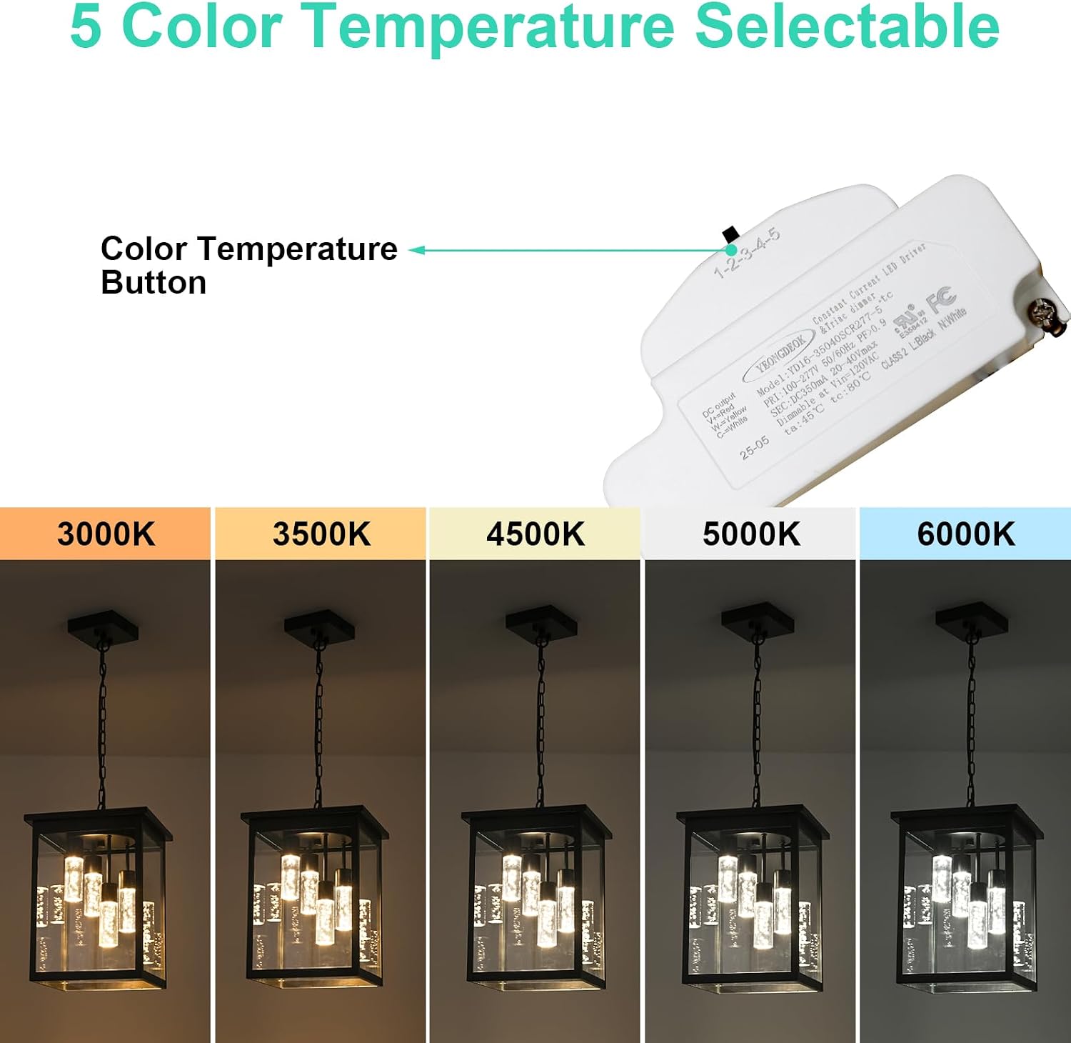 Yaohong 16.7' Large 5CCT LED Outdoor Pendant Light, 4-Lights Modern Black Hanging Ceiling Fixture with Acrylic Column & Clear Glass, Weatherproof Chandelier for Porch Gazebo Patio Entryway