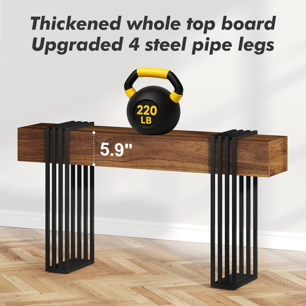 knoworld 63 Inch Long Console Table, Extra Thick Industrial Sofa Table Behind The Couch Rectangular Entryway Table for Entrance Hallway Living Room, Entire top Board & 4-Pipe Legs, Rustic Brown