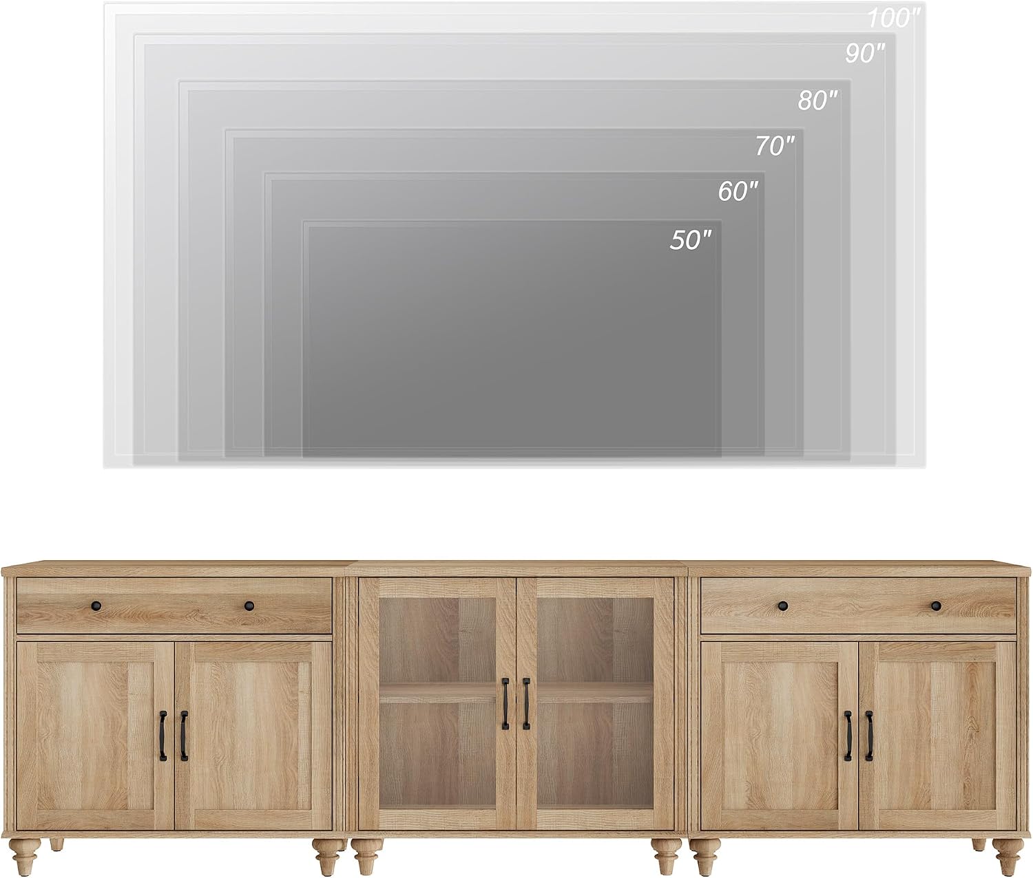 WAMPAT Farmhouse TV Stand for 100 Inch TV, 3-in-1 TV Console Table for 75/80/85/90 Inch TV, Entertainment Center with Glass & Wood Door, Kitchen Sideboard Buffet Cabinet for Dining Room, Oak
