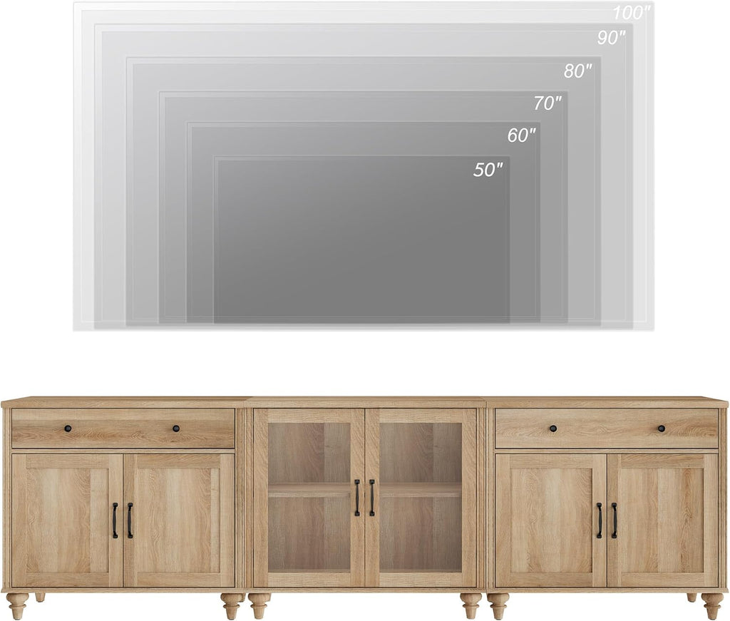 WAMPAT Modern TV Stand for 100 Inch TV, 3-in-1 TV Console Table for 75/80/85/90 Inch TV, Farmhouse Entertainment Center with Glass & Wood Door, Kitchen Sideboard Buffet Cabinet for Dining Room, Oak