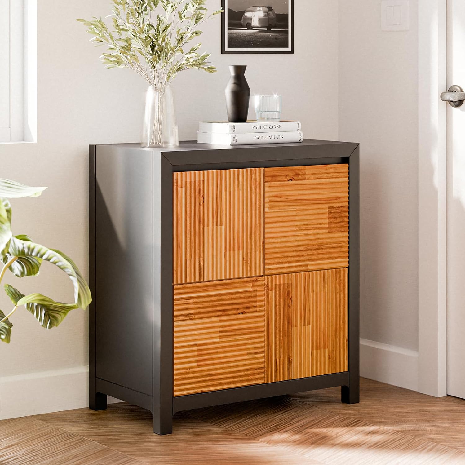 Bme Madia Accent Cabinet, Trendy Fluted Pattern Entryway Table with Storage with Convenient Soft-Close Doors, Solid Acacia Wood Frame with Adjustable Shelf and Legs, Fully Assembled