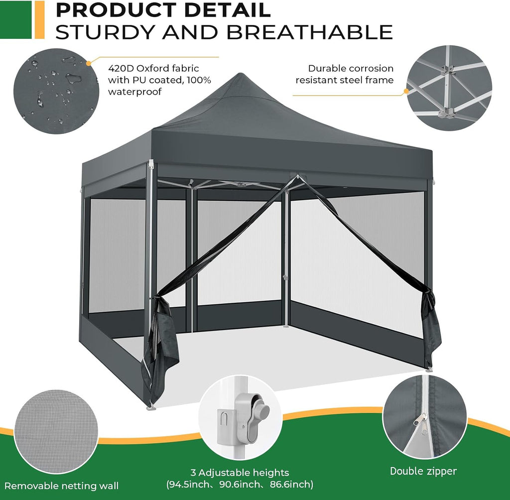 COBIZI 10x10 Heavy Duty Pop Up Canopy Tent with 4 Sidewalls, Easy Set Up Outdoor Waterproof Screen Commercial Party Tent with Mosquito Netting for Parties Backyard Patio, Carry Bag, Gray