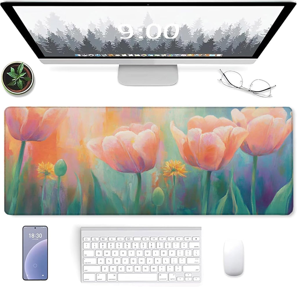 Flower Mouse Pad, Gaming Mouse Pad 64x32in, Desk Mat with Stitched Edges, Large Mousepad Waterproof, Gaming Accessories Keyboard Mat, Office Desk Accessories, for Gamer Computer Office, Pink Z-7495