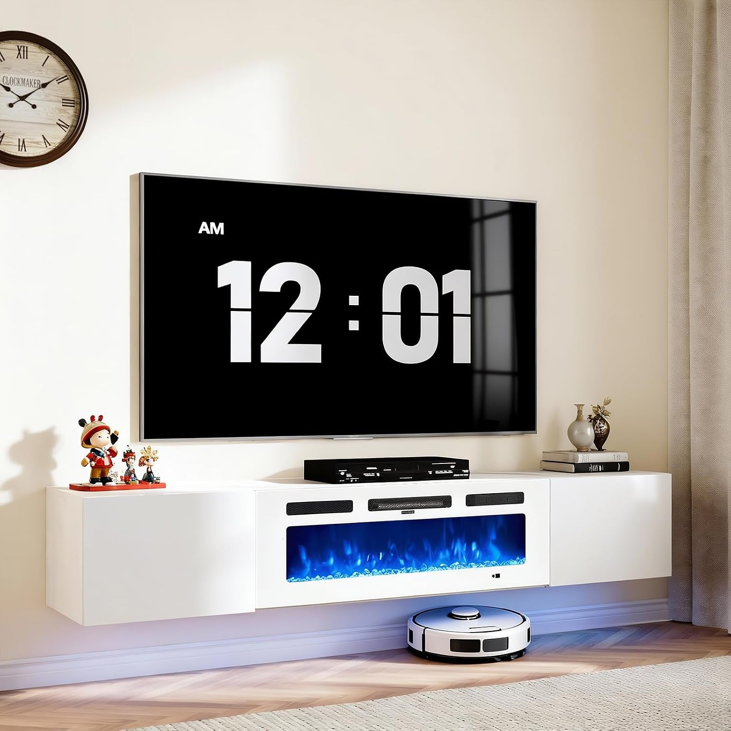 70'' Floating TV Stand with 36' Electric Fireplace, Wall Mounted Entertainment Center with Storage for TVs up to 80', Adjustable 12-Color LED Lights Media TV Console for Living Room,All White