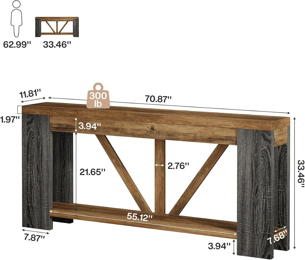 Tribesigns 70.9' Narrow Long Console Table, 2-Tier Farmhouse Entryway Table with Storage Shelf, Rustic Sofa Table Behind Couch for Hallway, Foyer, Living Room, Rustic Brown&Grey
