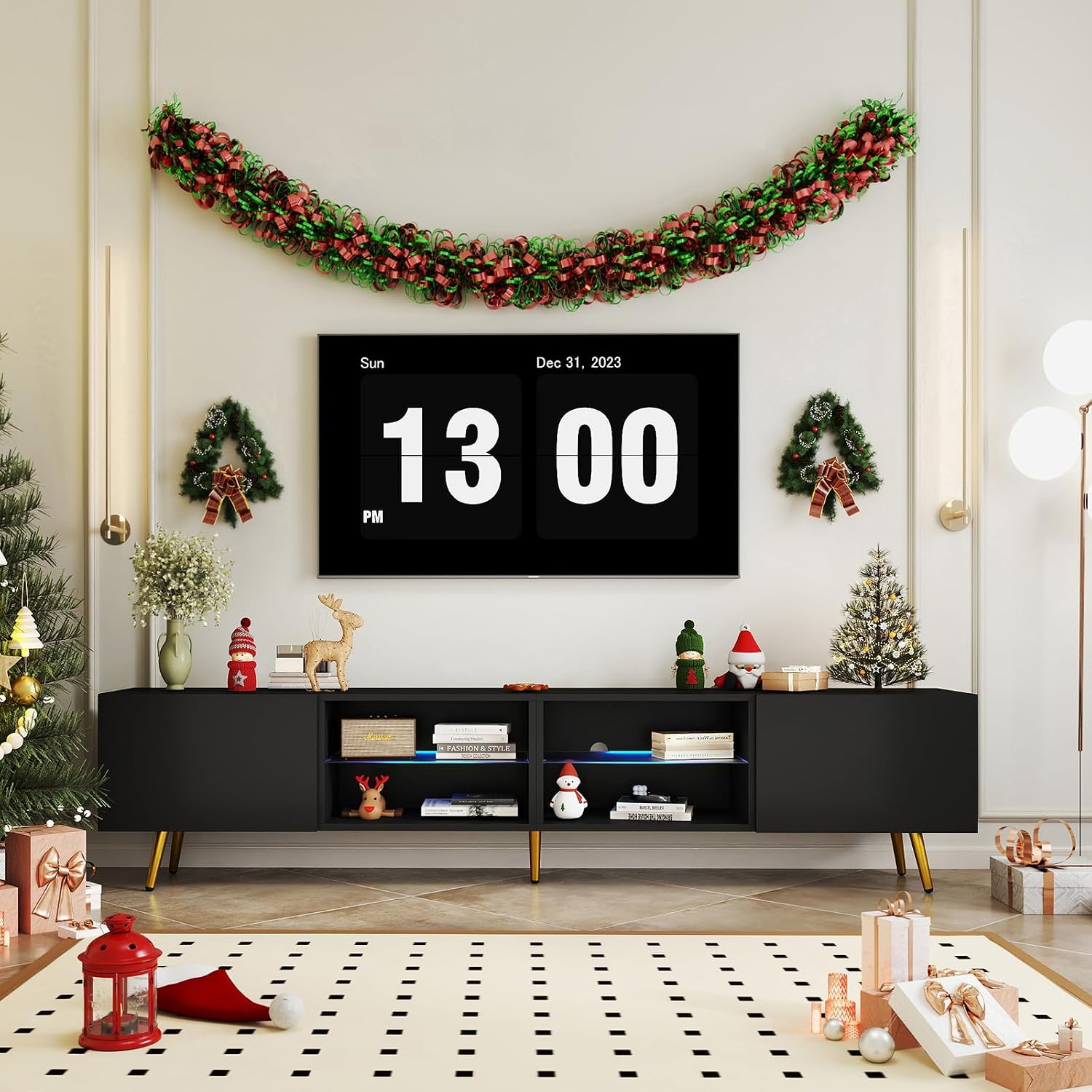 Bonzy Home 86' TV Stand, Modern Entertainment Center for 75' TV, Television Console Table with Storage Cabinets for Living Room, Black