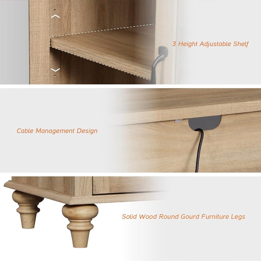 WAMPAT Farmhouse TV Stand for 100 Inch TV, 3-in-1 TV Console Table for 75/80/85/90 Inch TV, Entertainment Center with Glass & Wood Door, Kitchen Sideboard Buffet Cabinet for Dining Room, Oak