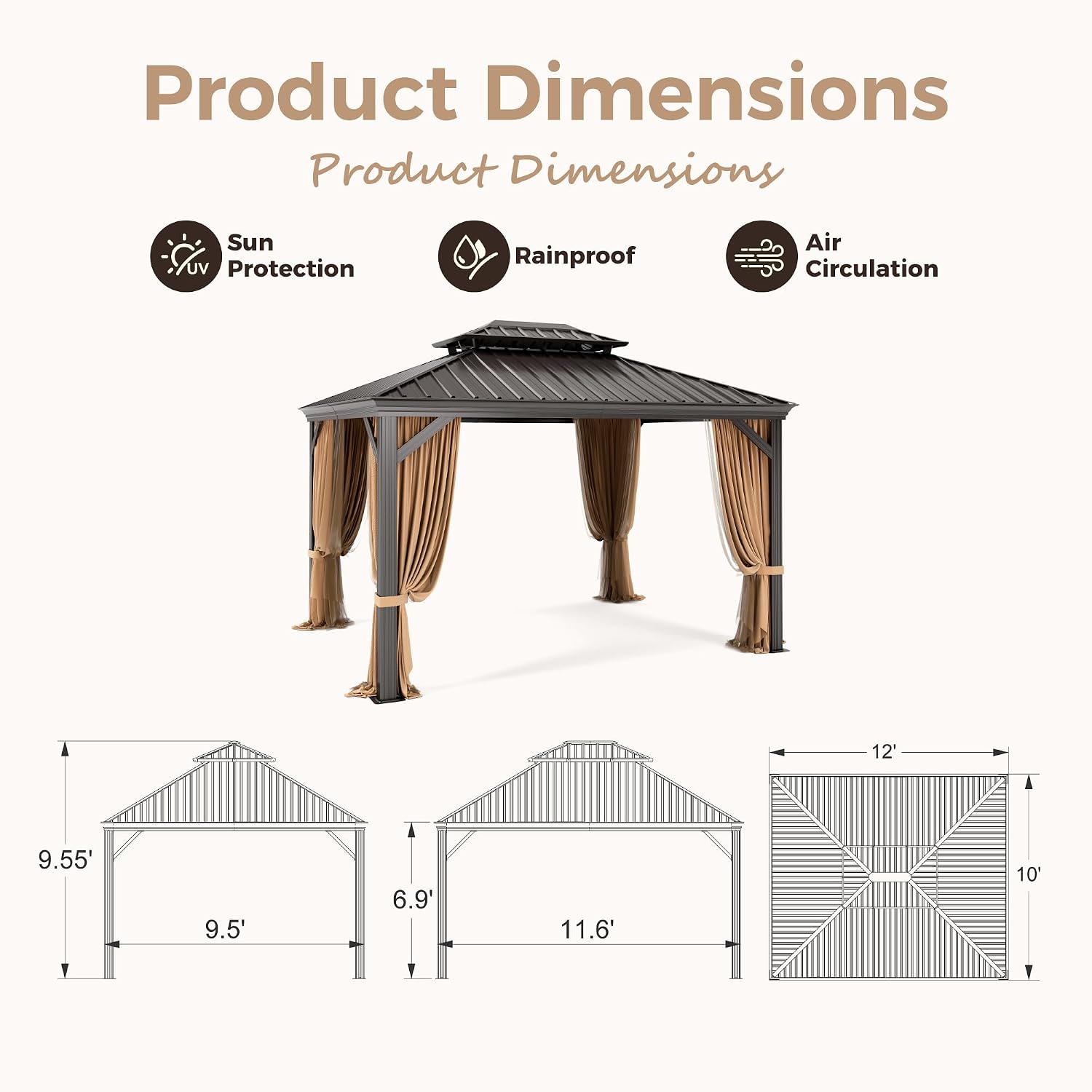 MIXPATIO 10'x12' Hardtop Gazebo, Outdoor Aluminum Frame Galvanized Steel Double Roof Pavilion with Netting and Shaded Curtains, Permanent Metal Pergolas for Patio, Backyard, Deck and Lawns