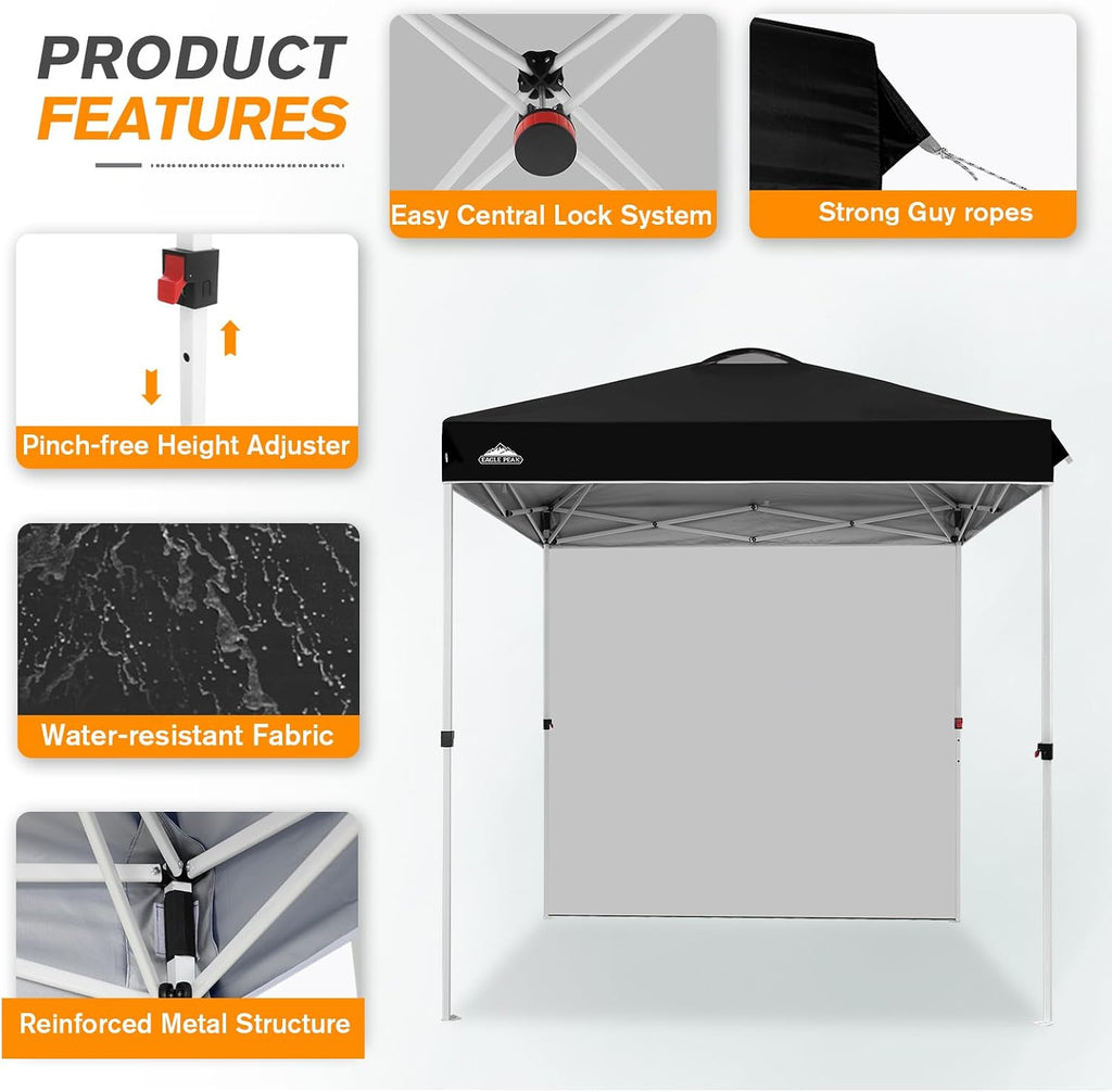 EAGLE PEAK Commercial Canopy 6.6x6.6 Pop Up Canopy Tent with 1 Sidewall, Easy Setup Heavy Duty Instant Event Shelter for Vendors & Markets, Outdoor Sun Shade, Black
