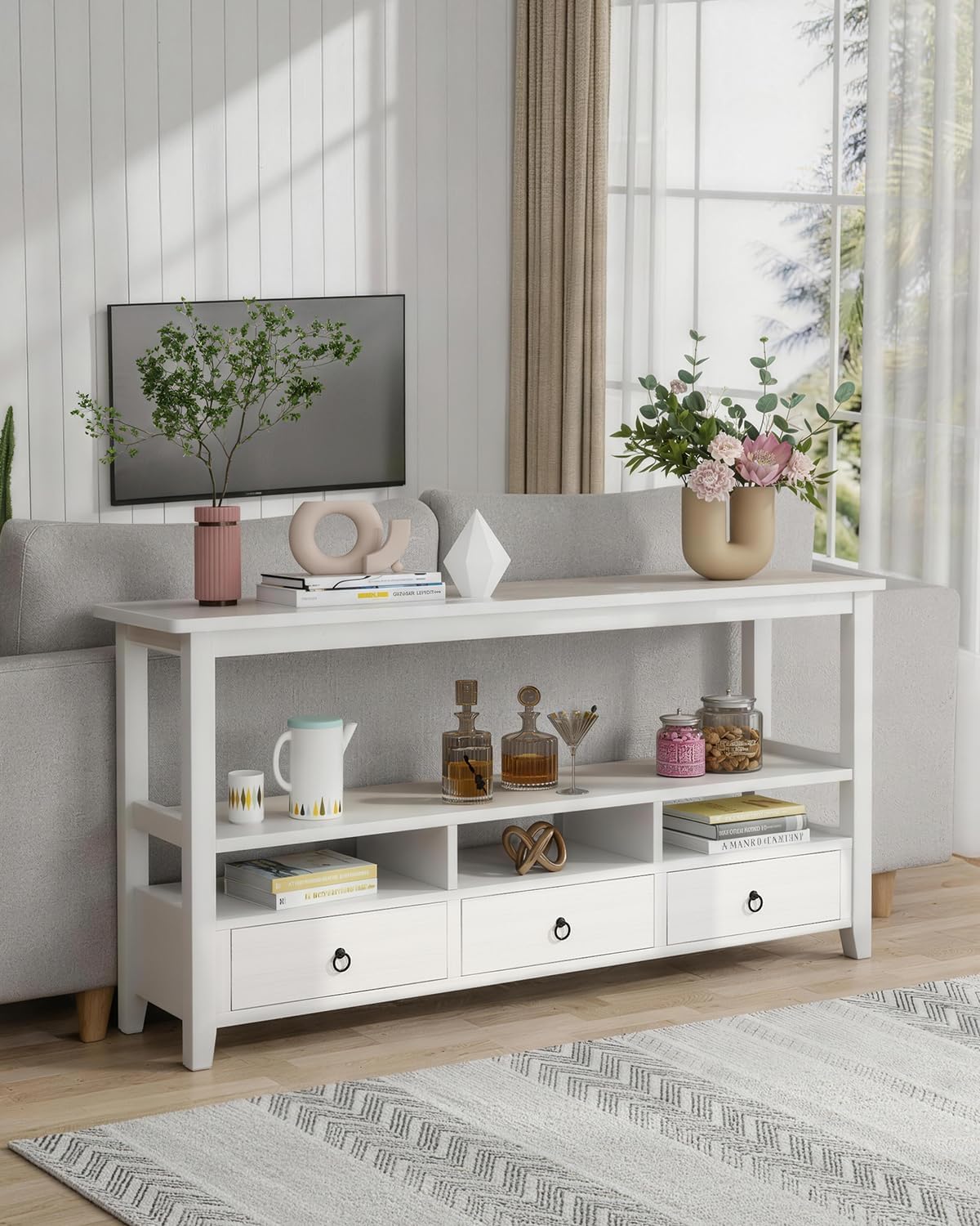 Karl home Console Table with 3 Bottom Drawers, 57.9' W Sofa Side Table Entryway Desk with 3 Storage Cubbies 1 Open Shelf, Vintage TV Stand for Hallway Living Room Office, White 29.9' H