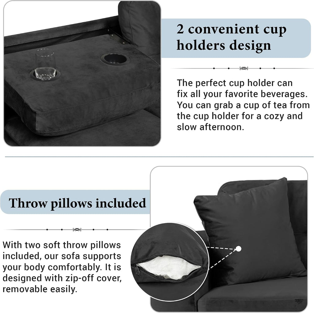 Merax Modern Sectional Sofa with Storage Ottoman, L Shaped Couch with 2 Pillows and 2 Cup Holders, Polyester Sectional Sofa with Reversible Chaise for Living Room, Home Office (Black)