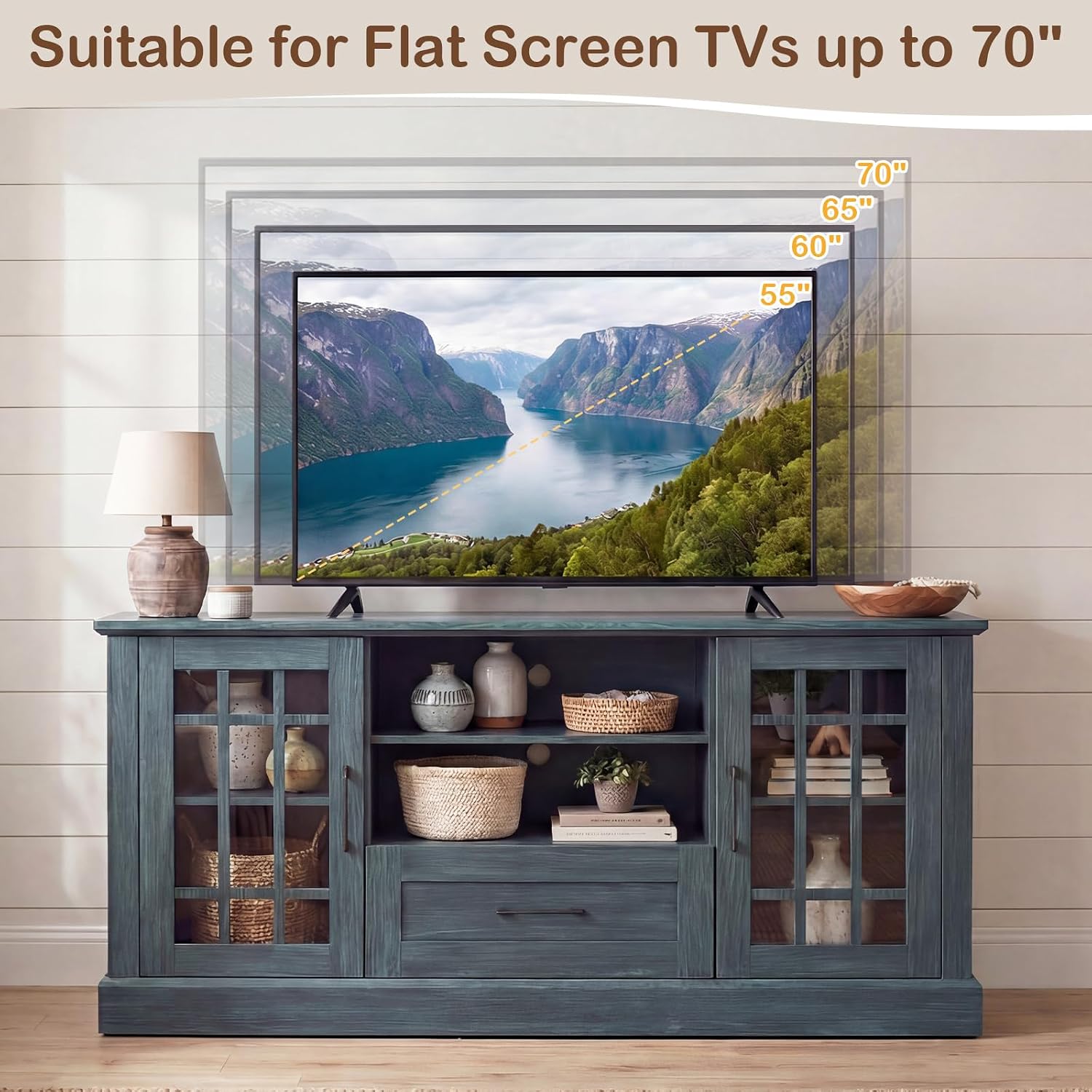 Tangkula Farmhouse TV Stand for TV up to 65 70 Inches, Tall Media Console Table with 2 Glass Storage Cabinets, 1 Drawer & 2 Open Shelves, Wooden Entertainment Center for Living Room (Vintage Green)