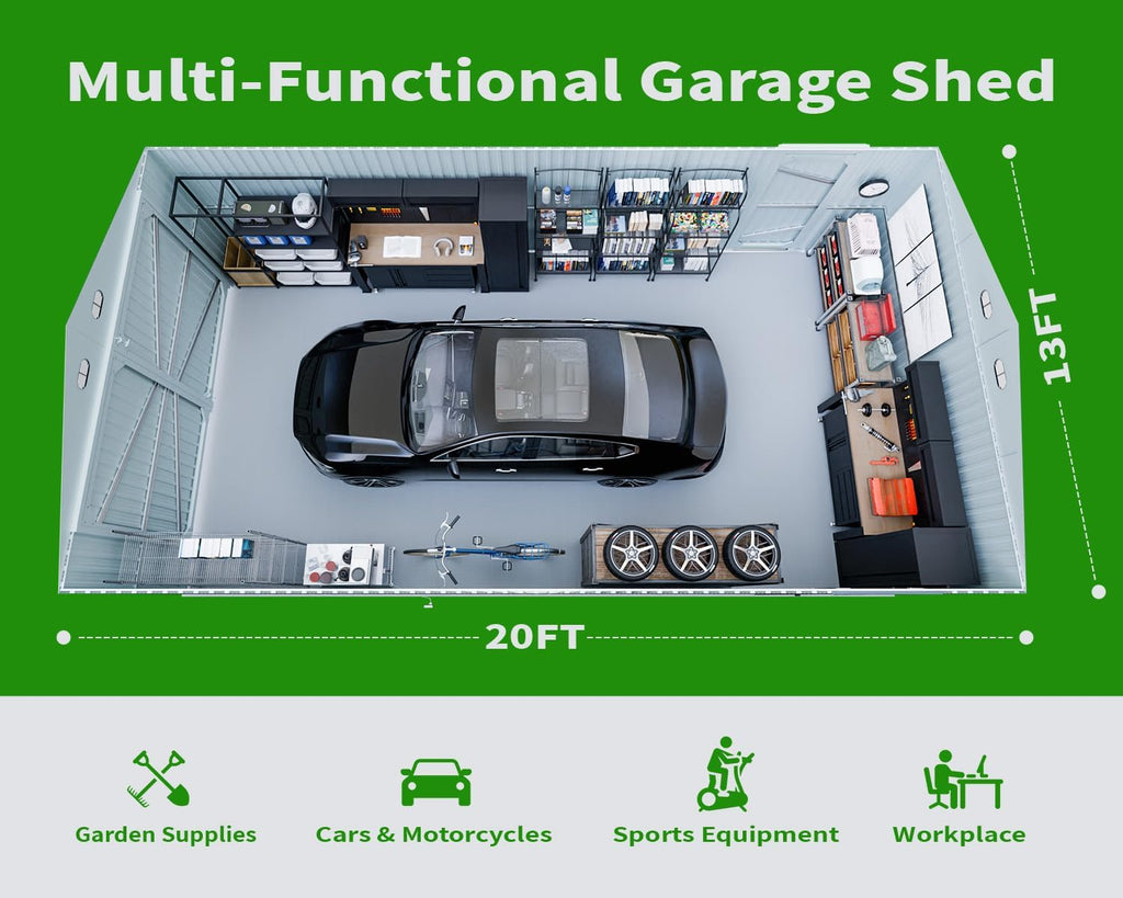 20x13 FT Outdoor Storage Shed, Metal Garage Shed with 2 Lockable Doors, Large Metal Building with 4 Air Vents, Galvanized Steel Prefab Garage Sheds for Car, Truck, Bike, Tool, Dark Gray