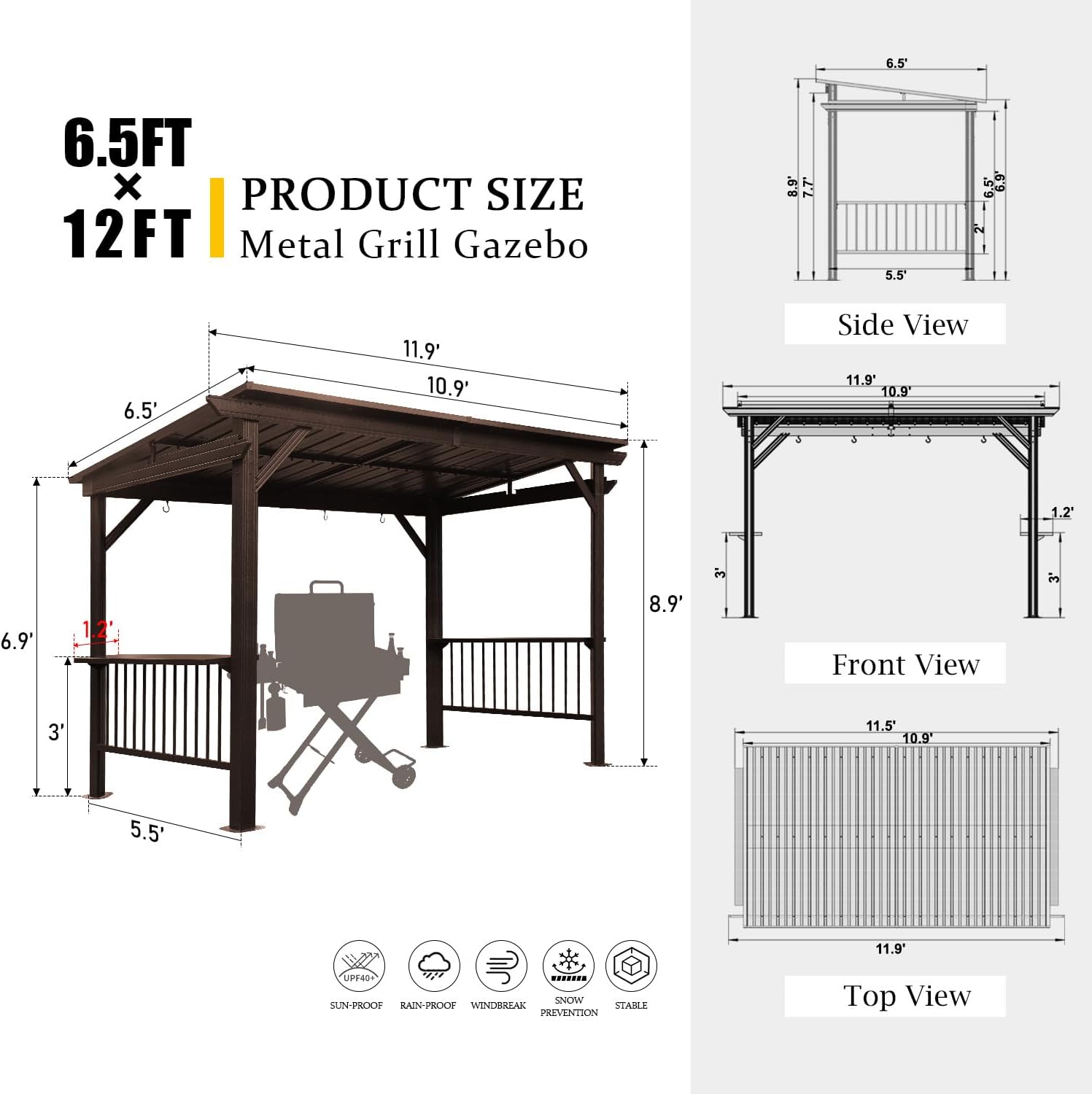 Domi 6.5x12FT Hardtop Grill Gazebo, Outdoor BBQ Gazebo with Galvanized Steel Sloping Roof, Metal Permanent Sun Shade Grill Canopy Shelter with 2 Side Shelves and Ceiling Hooks for Patio Yard, Brown