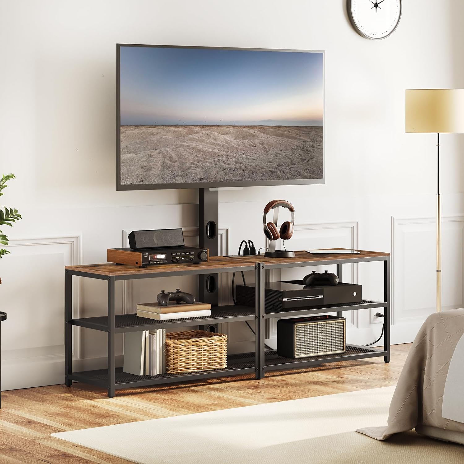MAHANCRIS 59' TV Stand with Mount and 4 Power Outlets, Entertainment Center Media Console, Swivel TV Stand Mount up to 75 inch TVs, Height Adjustable, Metal Frame for Living Room, Bedroom TVHR35E01V
