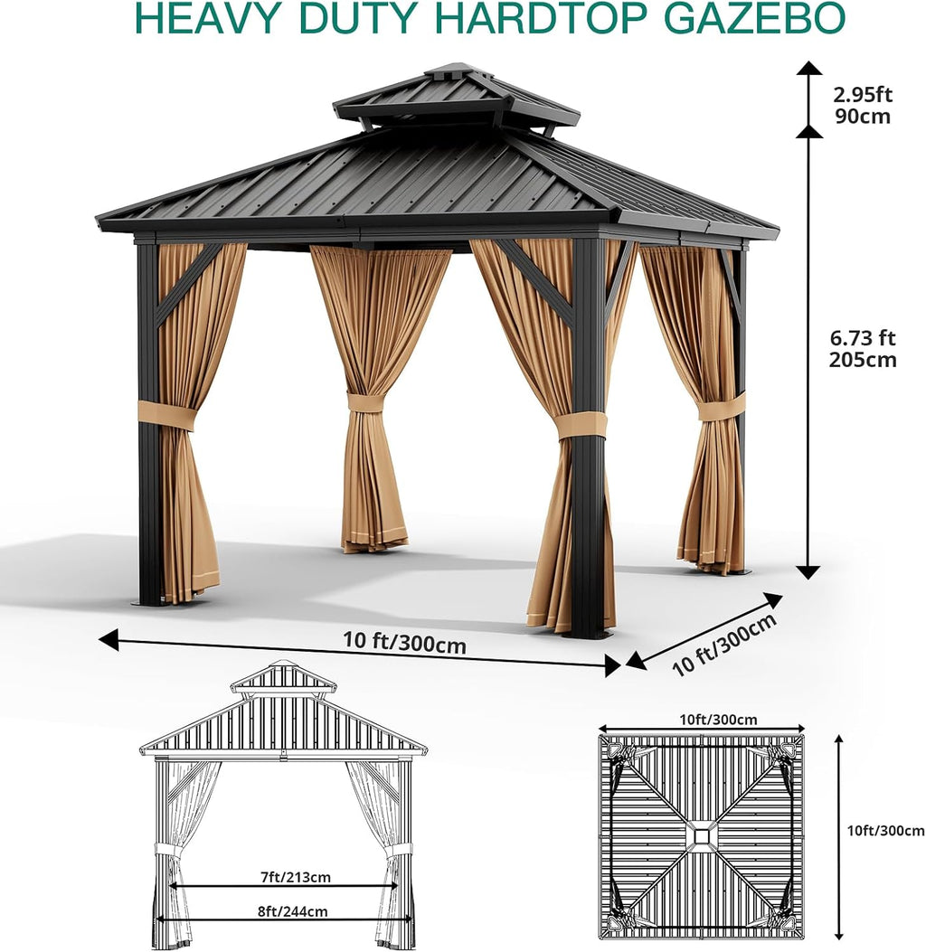 Garvee 10x10 ft Hardtop Gazebo, Outdoor Heavy Duty Galvanized Aluminum Framed Double Roof Pavilion with Netting and Curtains, Waterproof Metal Roof Gazebo for Backyard, Patio, Deck and Poolside, Brown