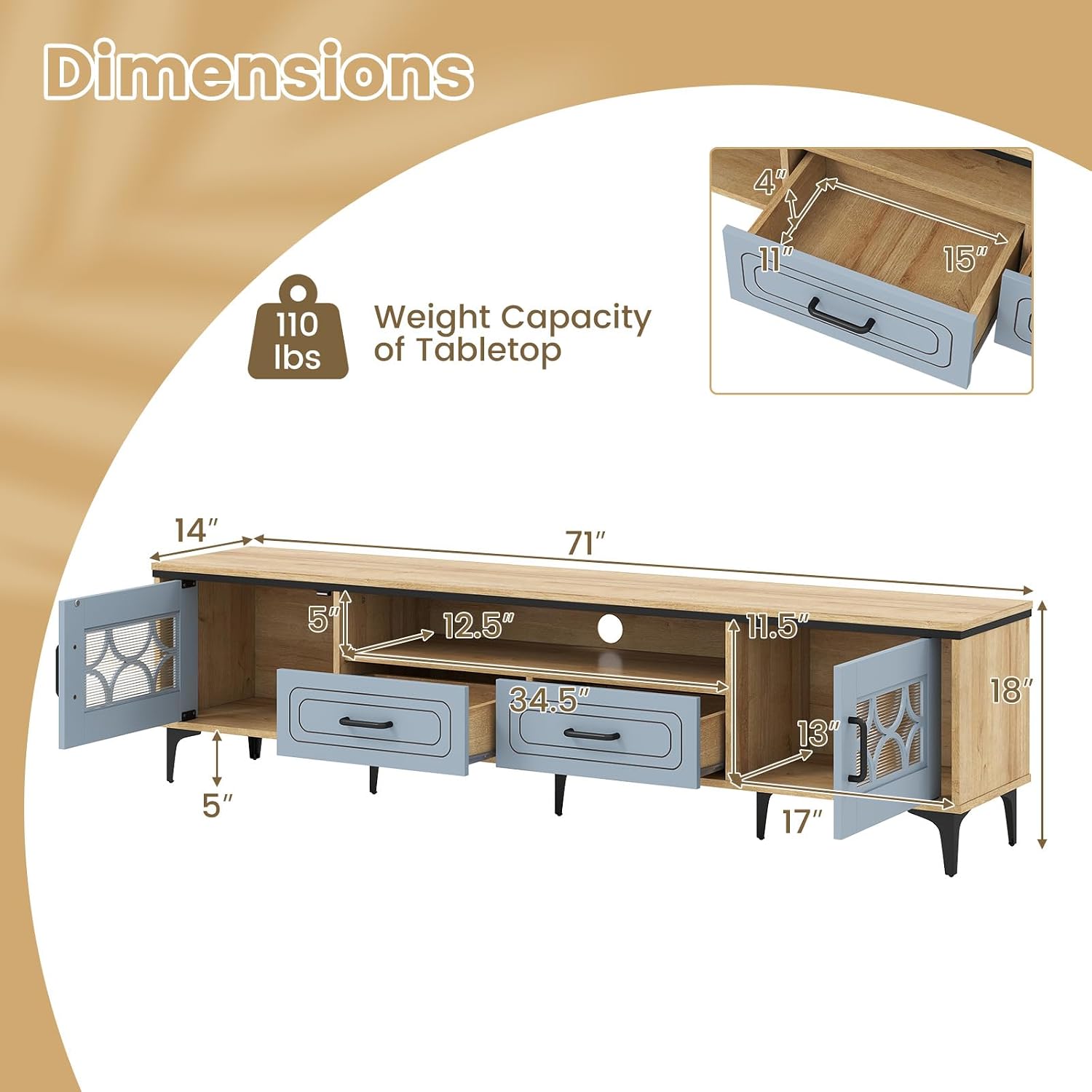 Giantex Wood TV Stand for TVs up to 80', Modern Entertainment Center with Storage Drawers, Side Cabinets, Wood Television Stands, Media TV Console Table for Living Room Bedroom (Oak & Bluish Gray)
