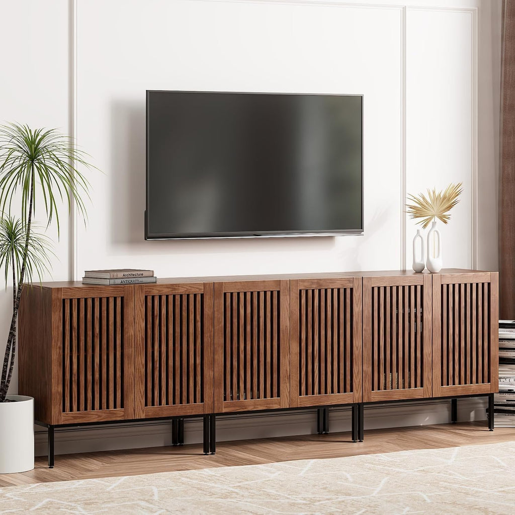 BVIUNTWO Farmhouse TV Stand for TVs up to 95 Inch, 3-in-1 Entertainment Center with Storage Cabinets and Metal Base, Large Media Console for Living Room, Home Theater, Brown