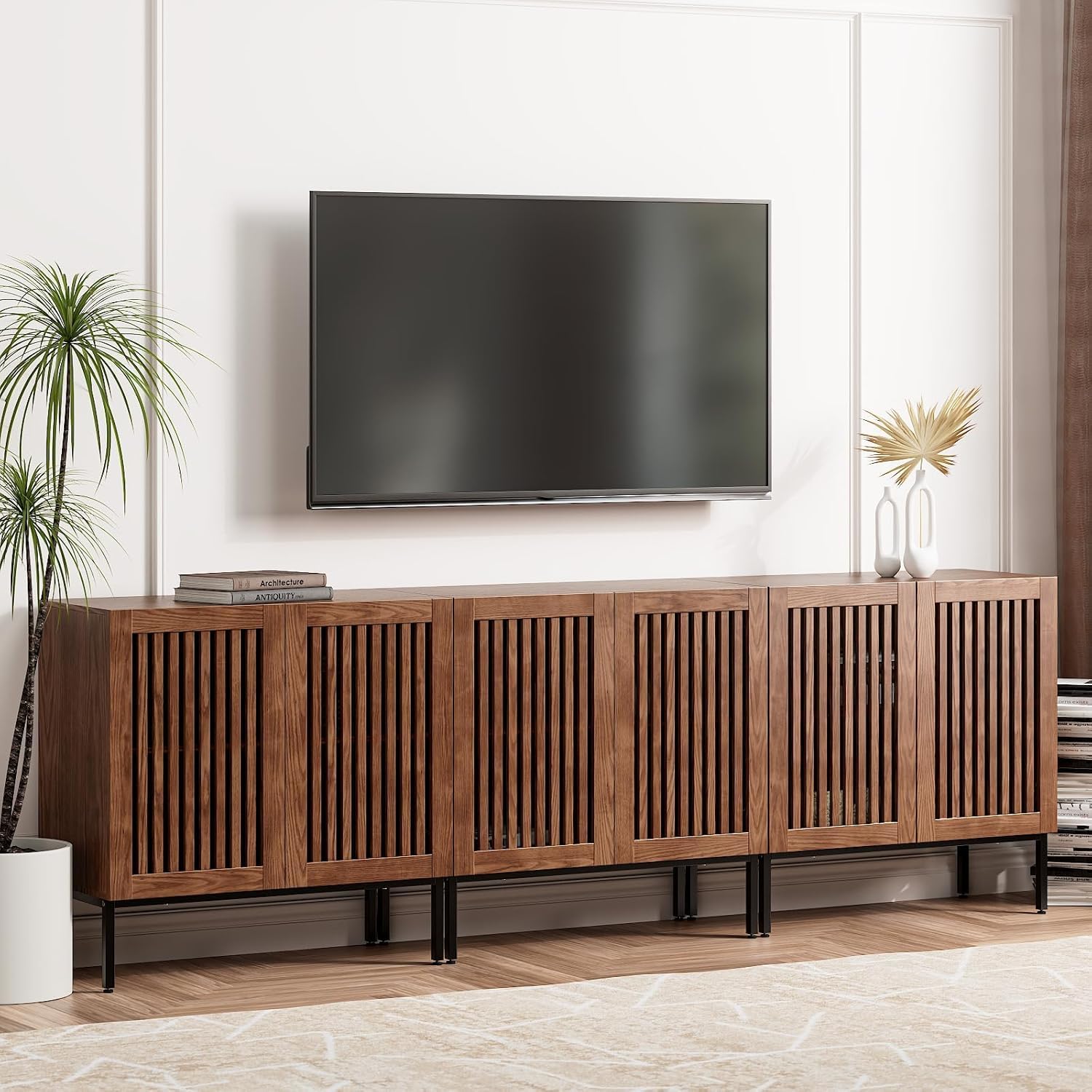 BVIUNTWO Farmhouse TV Stand for TVs up to 95 Inch, 3-in-1 Entertainment Center with Storage Cabinets and Metal Base, Large Media Console for Living Room, Home Theater, Brown