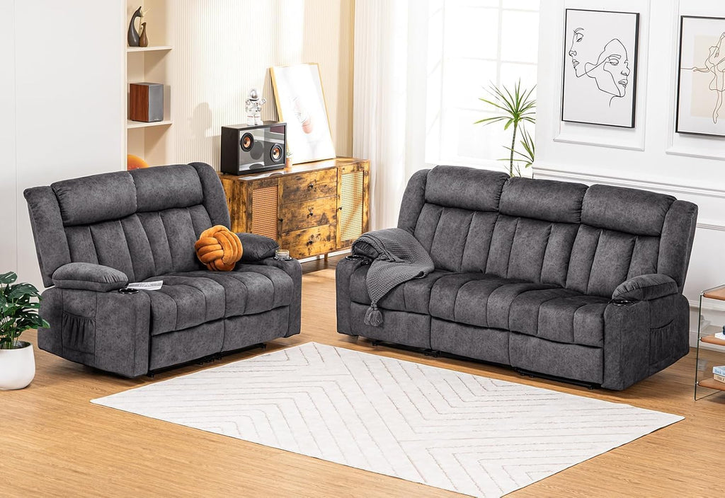 COMHOMA Manual Recliner Chair Set，Fabric Reclining Sofa Chair with Cup Holders, Upholstered Recliner with Side Pockets Suitable for Living Room Furniture (3+2)