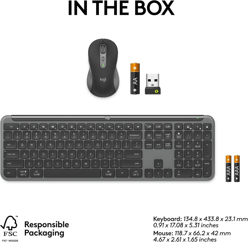 Logitech Signature Slim MK955 for Business Wireless Keyboard and Mouse Combo, Quiet Typing, Secure Receiver, Bluetooth, Globally Certified, Windows/Mac/Chrome/Linux - Graphite
