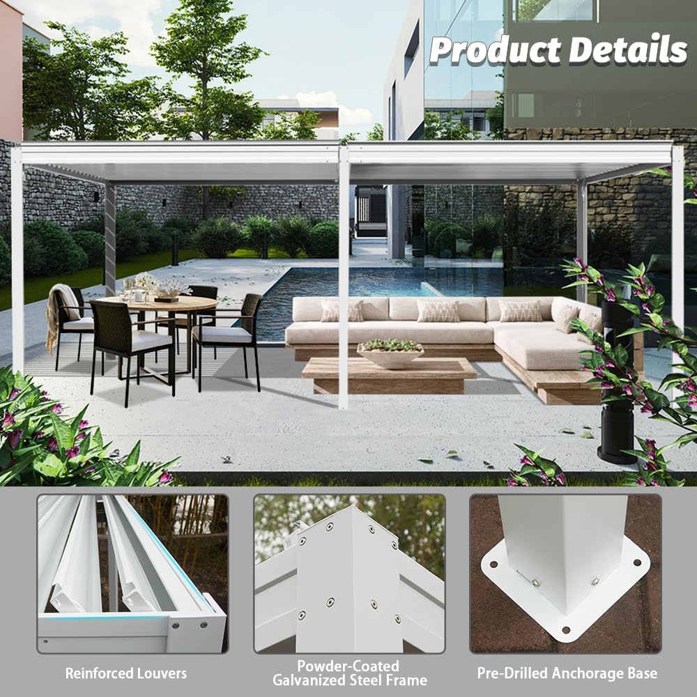 Domi Outdoor Pergola 10' x 20' Aluminum Louvered Pergola with Adjustable Roof, Aluminum Frame, Efficient Drainage System for Patio, Deck, Garden, White