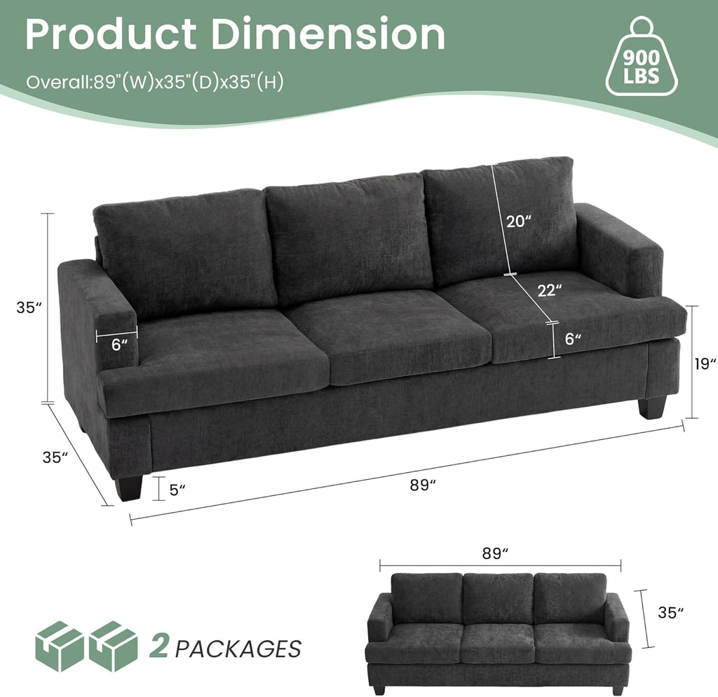 YOUDENOVA 2 Piece Set Comfy Sofa Couch, 3 Seater & Loveseat Sofa with Deep Seats, Modern Sleeper Couch for Living Room, Dark Grey Chenille