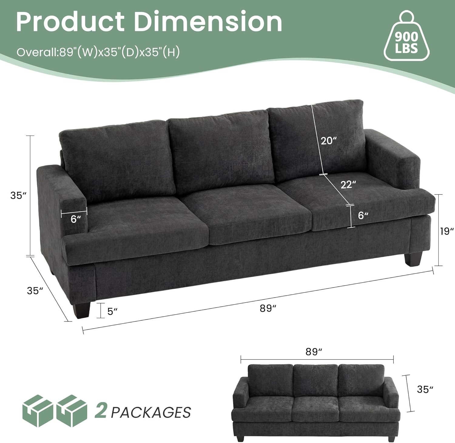 YOUDENOVA 2 Piece Set Comfy Sofa Couch, 3 Seater & Loveseat Sofa with Deep Seats, Modern Sleeper Couch for Living Room, Dark Grey Chenille