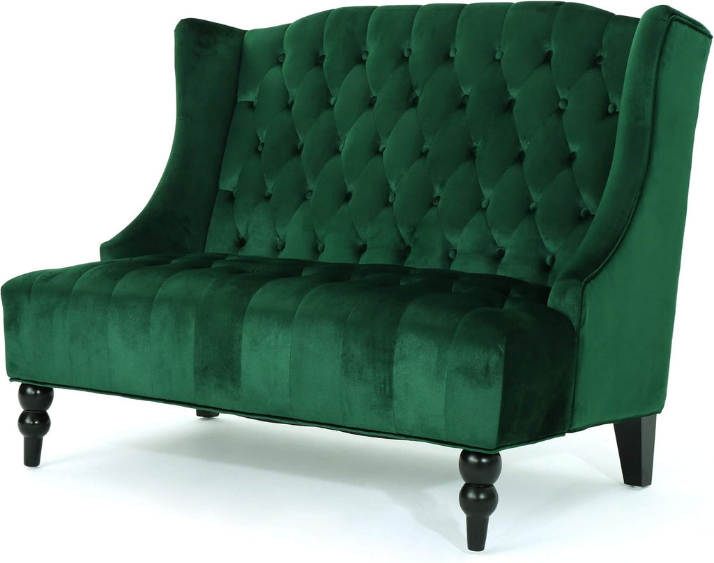 Modern Tufted Velvet Wingback Loveseat, Tufted Velvet 2 Seat Couch Sofas with High Back Thick Padded Cushioned Seats for Living Room, Victorian Style, Emerald
