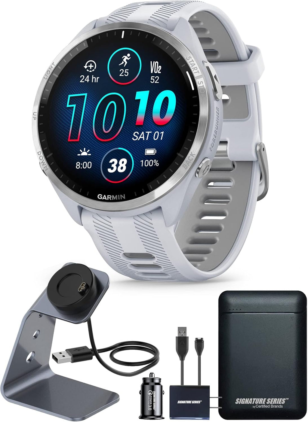 Garmin Forerunner 965 Advanced GPS Multisport Touchscreen Smartwatch, Whitestone, Heart Rate Monitor, On-Device Workouts, Up to 13 Day Battery Life w/Signature Series Power Bundle