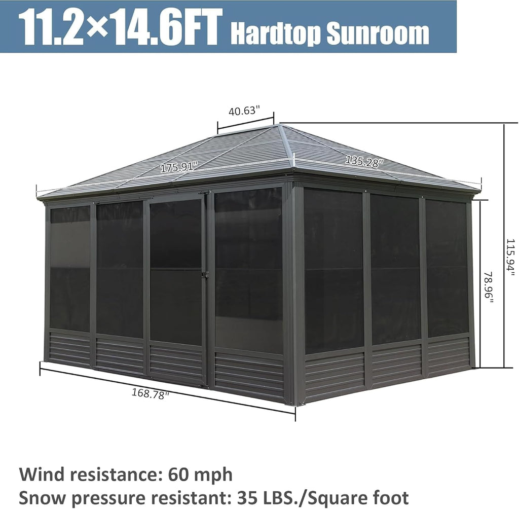 11.2'(W) x 14.6'(L) Outdoor Sunroom Aluminum Hardtop Gazebo with Galvanized Steel Roof, PVC Screen Walls and Sliding Doors, Gray