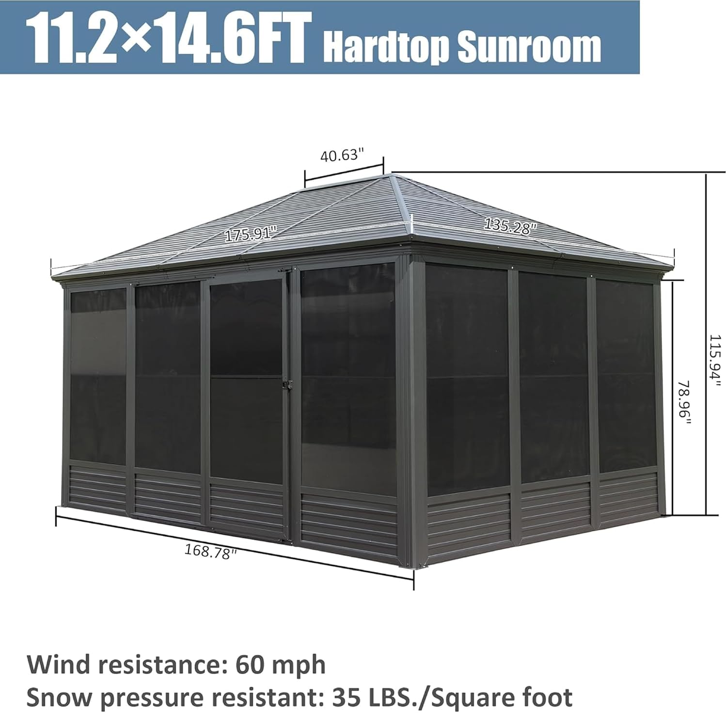 11.2'(W) x 14.6'(L) Outdoor Sunroom Aluminum Hardtop Gazebo with Galvanized Steel Roof, PVC Screen Walls and Sliding Doors, Gray