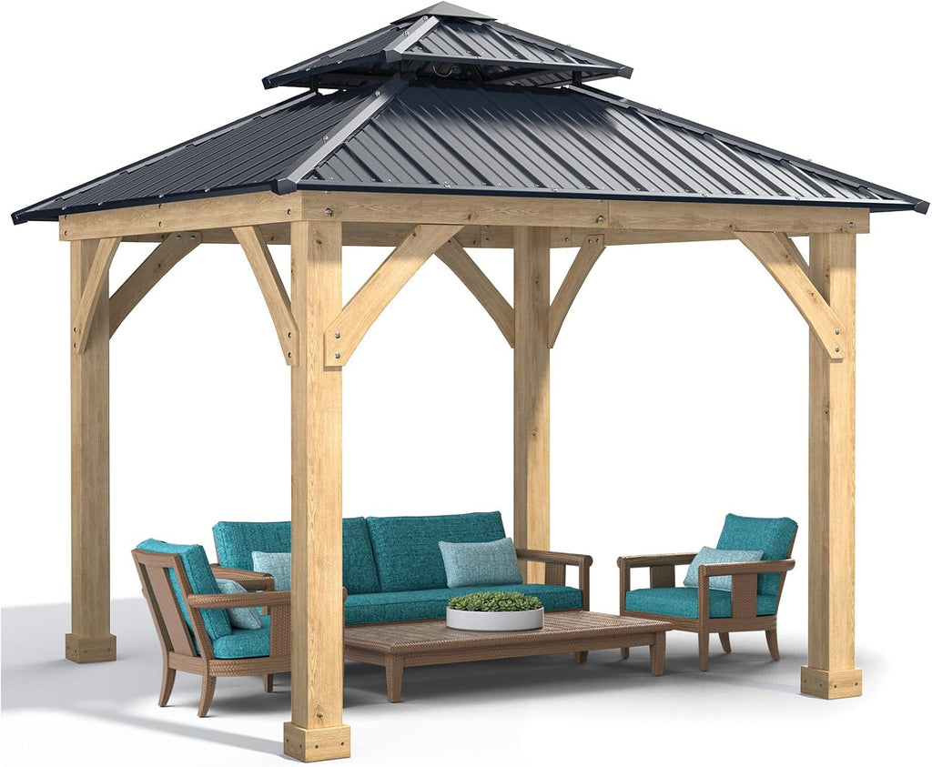 Tangkula 10 x 10 Ft Outdoor Hardtop Gazebo, Heavy-Duty Wood Permanent Patio Pavilion Shelter with 2-Tier Galvanized Steel Top, All-Weather Resistant Gazebo for Garden, Backyard, Lawns