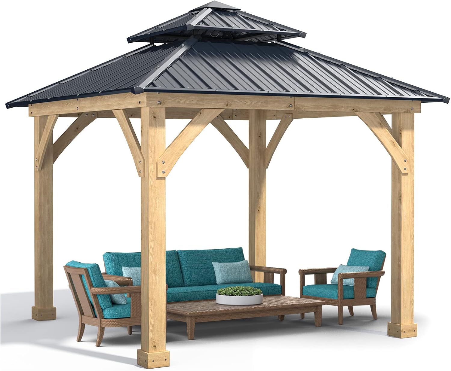 Tangkula 10 x 10 Ft Outdoor Hardtop Gazebo, Heavy-Duty Wood Permanent Patio Pavilion Shelter with 2-Tier Galvanized Steel Top, All-Weather Resistant Gazebo for Garden, Backyard, Lawns